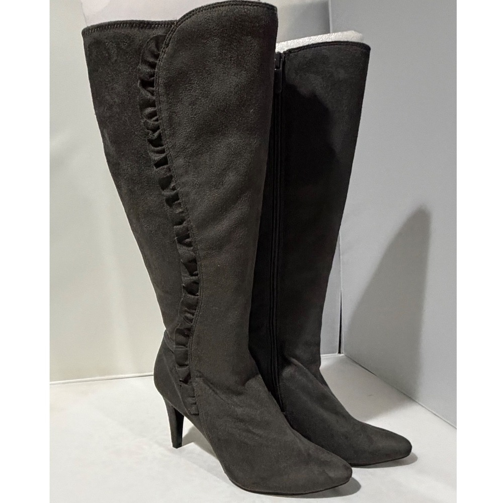 Covington Frilly Gray Faux Suede Ruffle Knee High Stiletto Boots